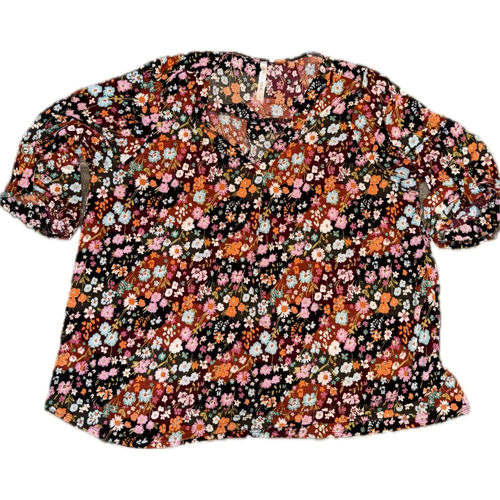 Dear Scarlett Floral V-Neck Roll Tab Sleeve Blouse Multi Color Plus Size 2X